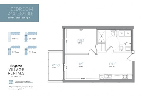 Floor plan for 1 bed, 1 bath, 569 sqft